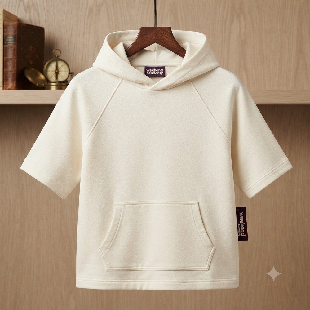 Boys Fleece Hoodie Short Sleeves Kangaroo Pocket Off-White Cotton NWT Size 10/12